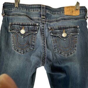 True Religion Distressed Skinny  Blue Jeans Flap Pockets Frayed Raw Hem Sz 30